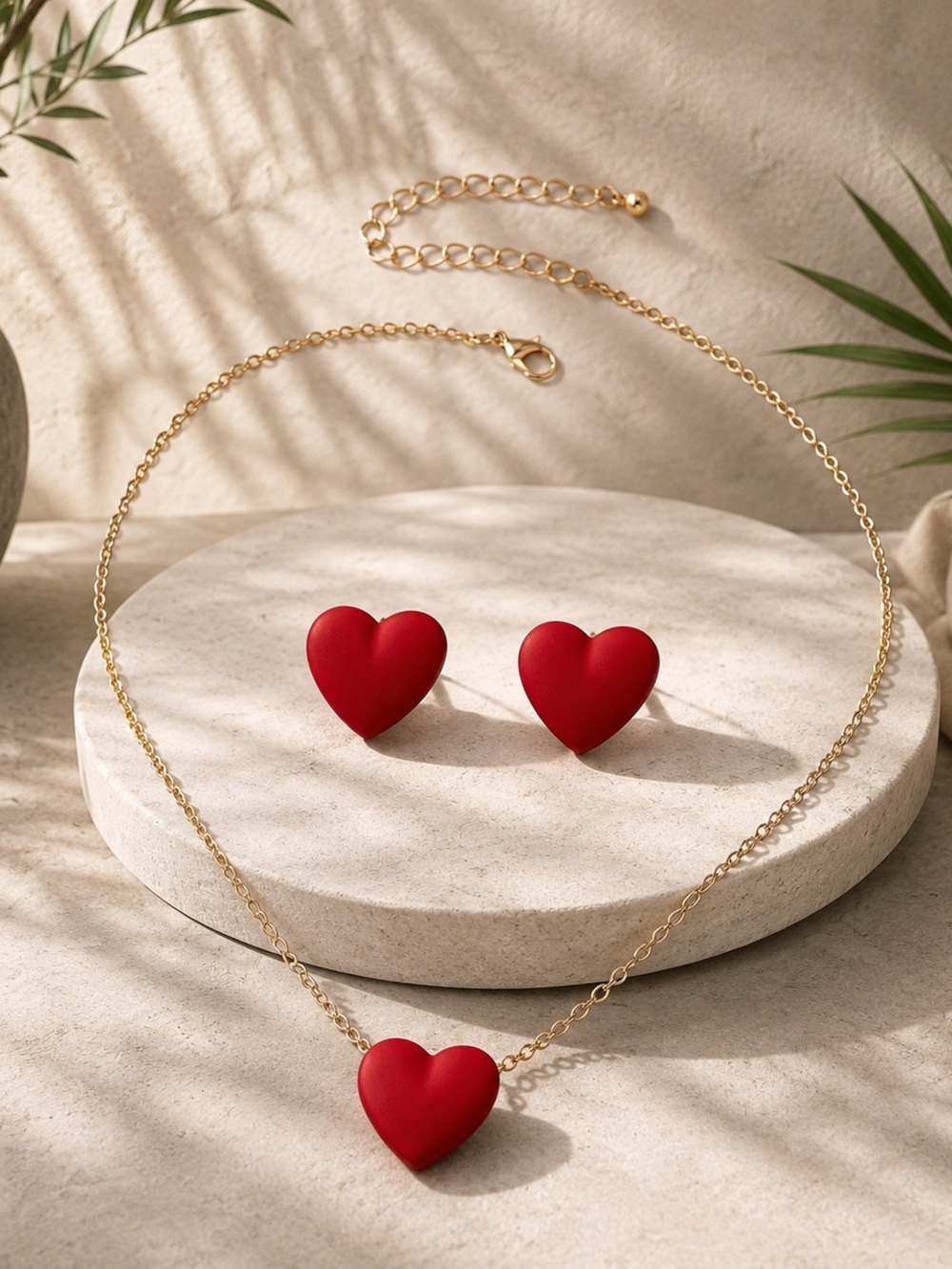 Red Heart Pendant Necklace and Stud Earrings Set - Women Jewelry
